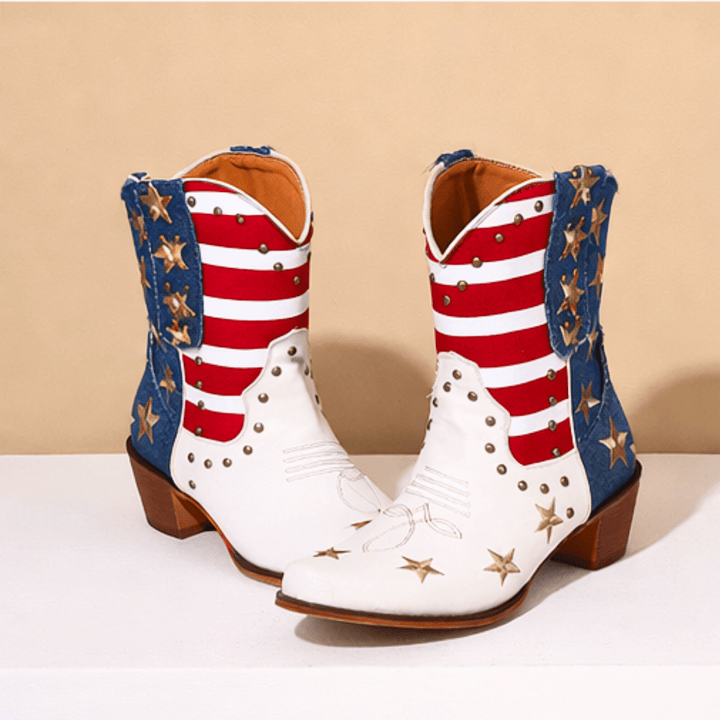 Women's multicolor cowboy boots with stars, stripes and mid block heels