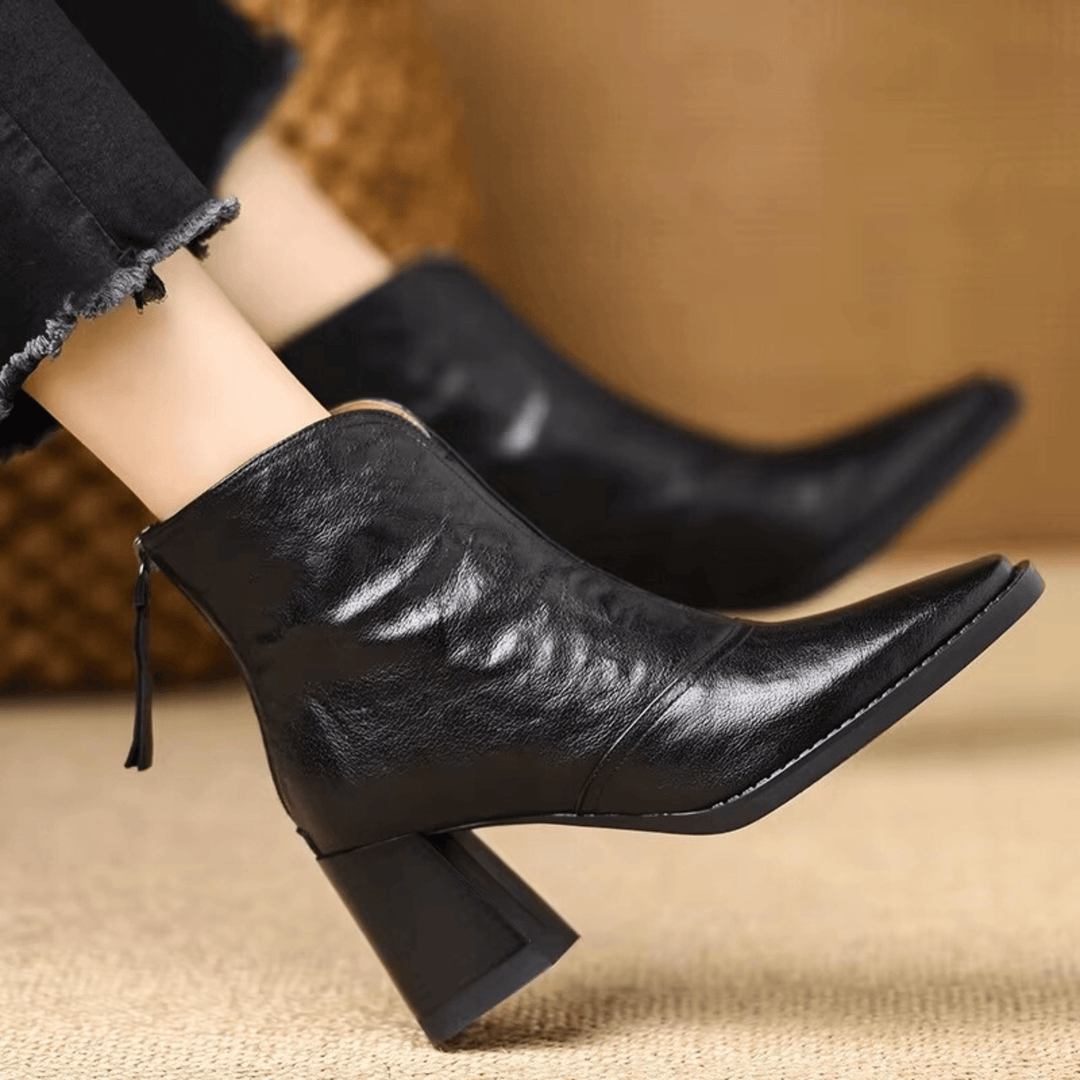 Women's glossy ankle boots with almond toes and high block heels