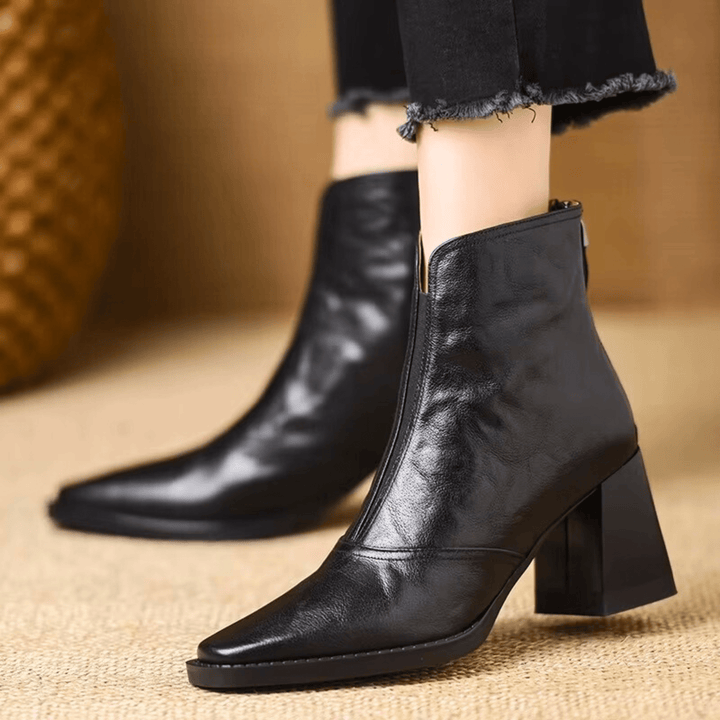 Women's glossy ankle boots with almond toes and high block heels