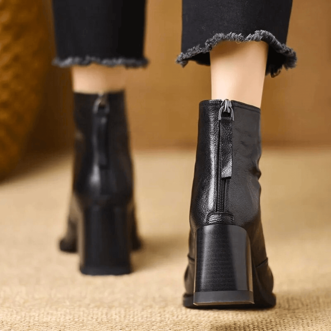 Women's glossy ankle boots with almond toes and high block heels