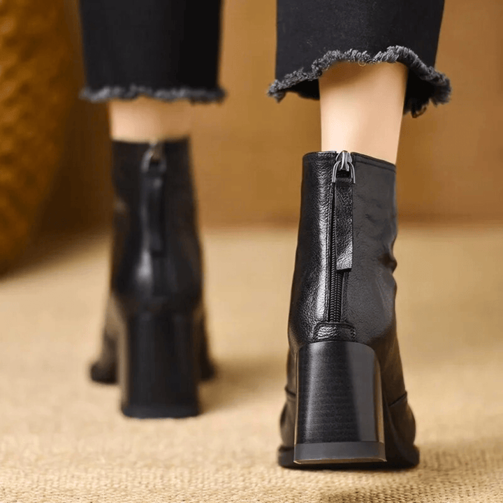 Women's glossy ankle boots with almond toes and high block heels