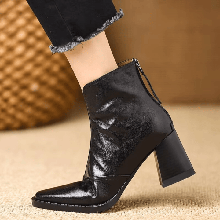 Women's glossy ankle boots with almond toes and high block heels