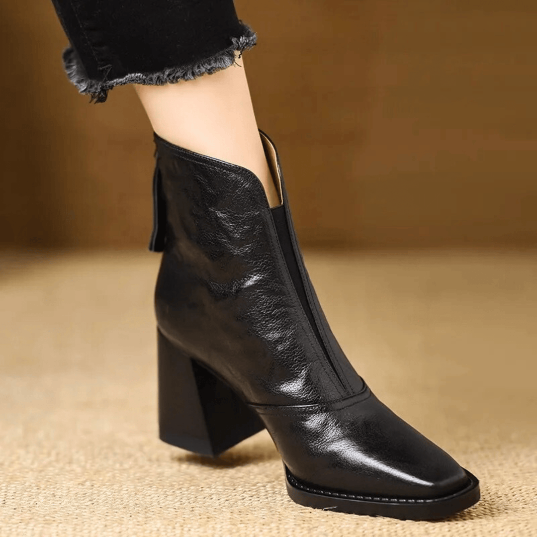 Women's glossy ankle boots with almond toes and high block heels