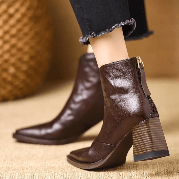 Women's glossy ankle boots with almond toes and high block heels