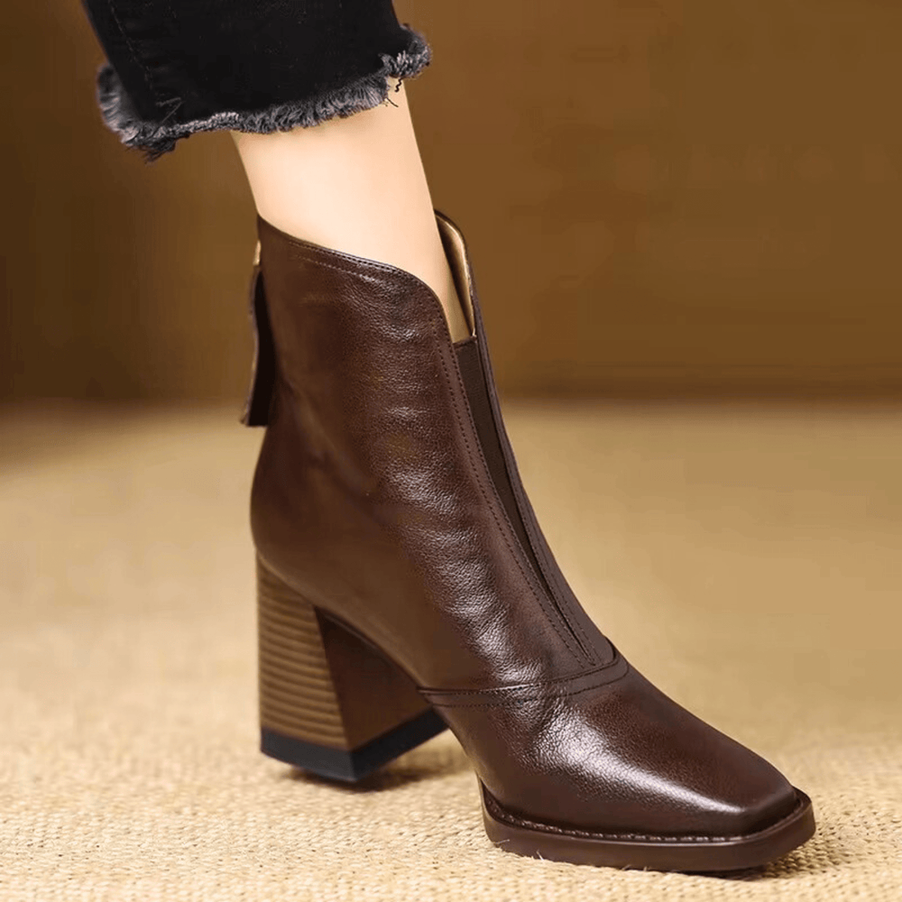 Women's glossy ankle boots with almond toes and high block heels