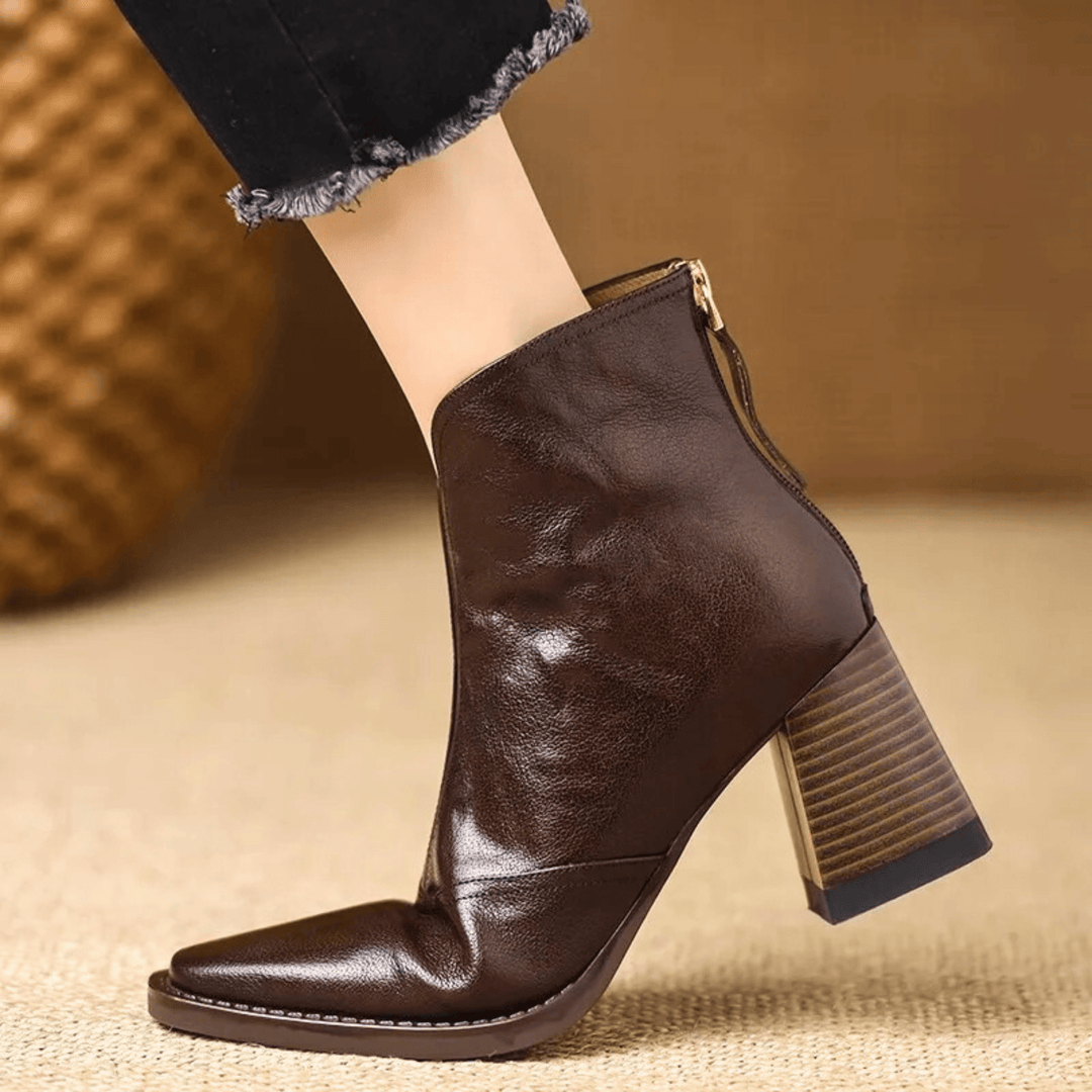Women's glossy ankle boots with almond toes and high block heels