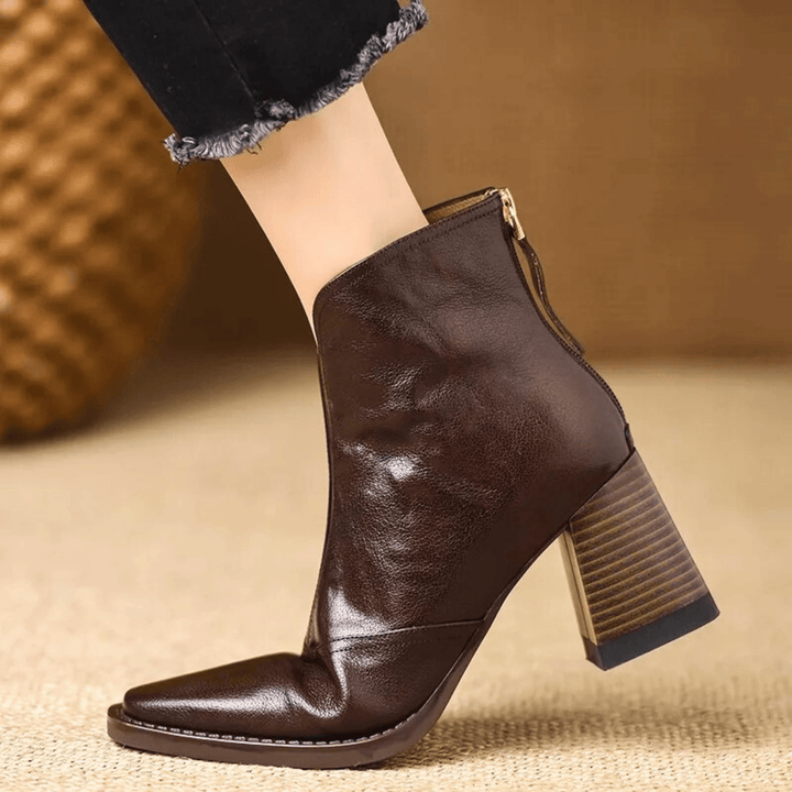 Women's glossy ankle boots with almond toes and high block heels