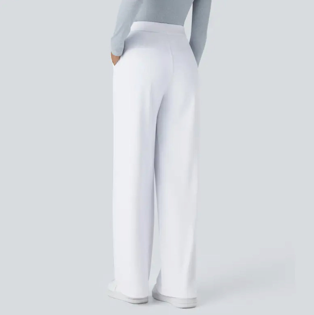 Women's high-waisted wide-leg full-length trousers shown in black and navy