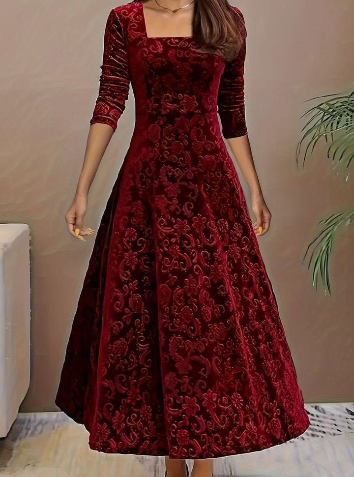 Winnie | Women's Square Neck Velvet Floral Embossed Party Dress