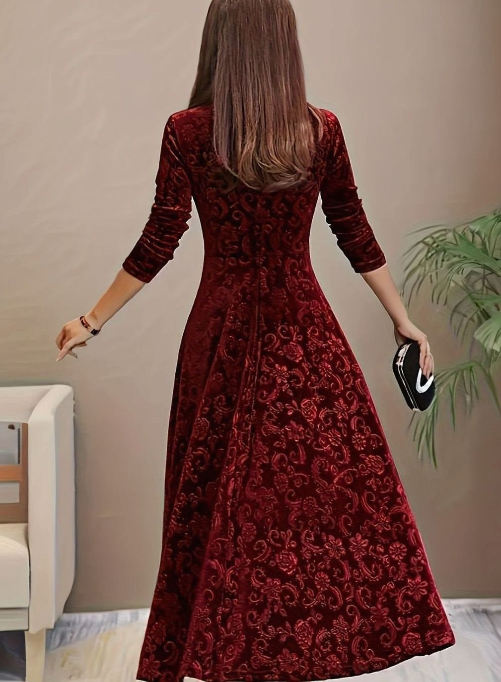 Winnie | Women's Square Neck Velvet Floral Embossed Party Dress
