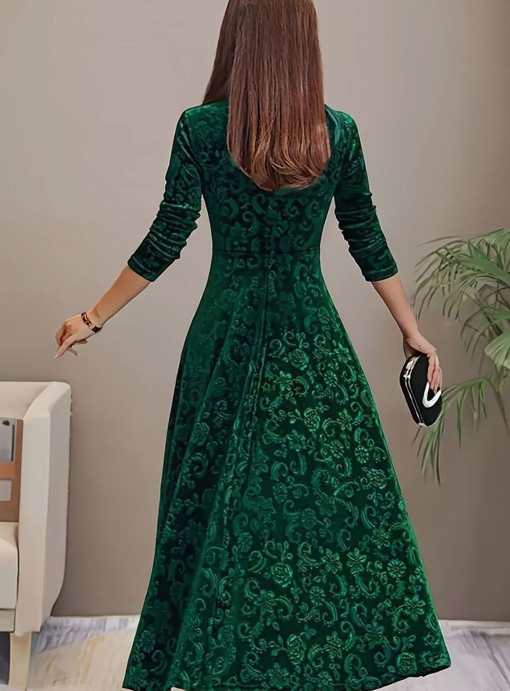 Winnie | Women's Square Neck Velvet Floral Embossed Party Dress