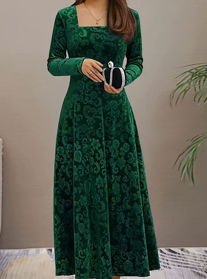 Winnie | Women's Square Neck Velvet Floral Embossed Party Dress