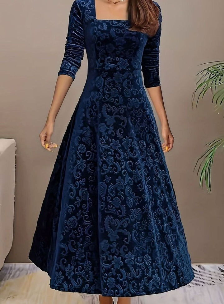 Winnie | Women's Square Neck Velvet Floral Embossed Party Dress