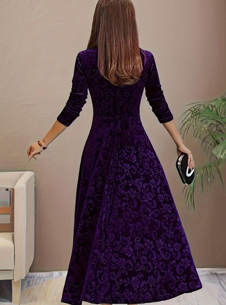 Winnie | Women's Square Neck Velvet Floral Embossed Party Dress