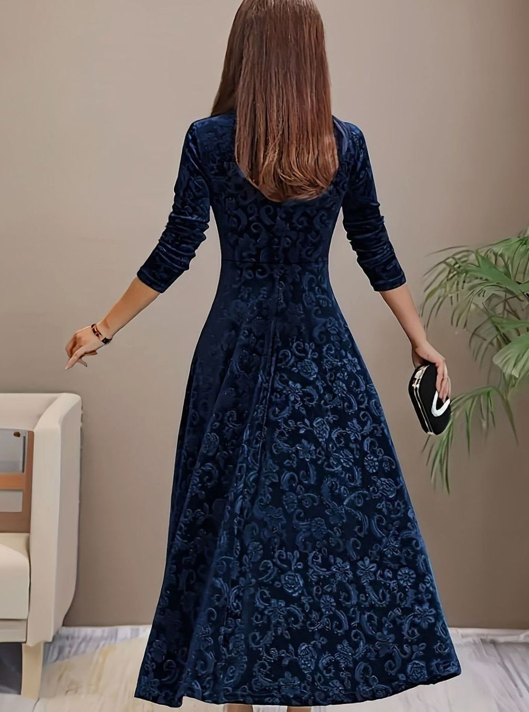 Winnie | Women's Square Neck Velvet Floral Embossed Party Dress