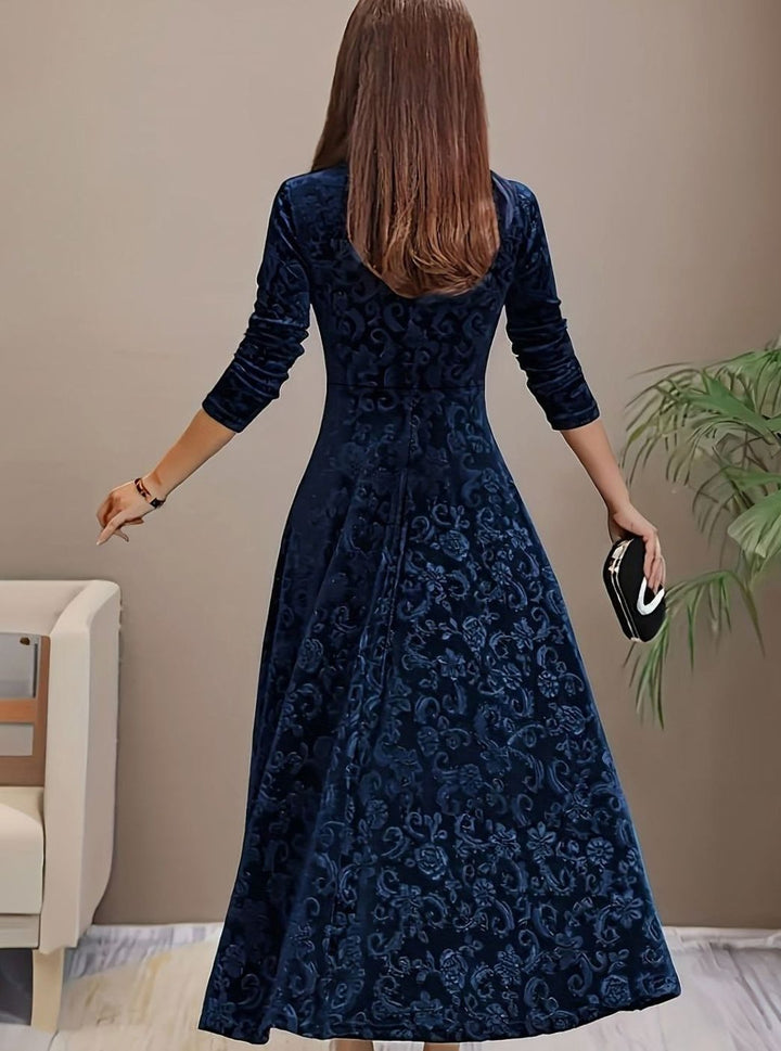 Winnie | Women's Square Neck Velvet Floral Embossed Party Dress