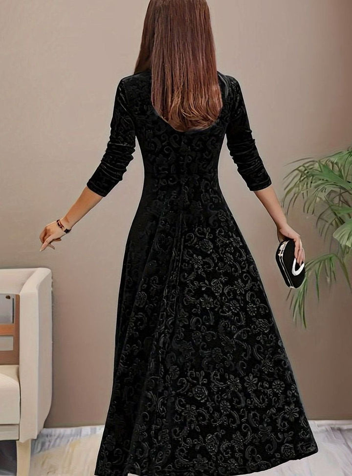 Winnie | Women's Square Neck Velvet Floral Embossed Party Dress