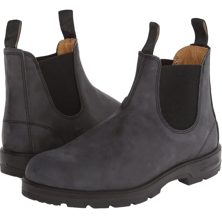 Chelsea ankle boots with elastic side panels, pull tabs and lug soles