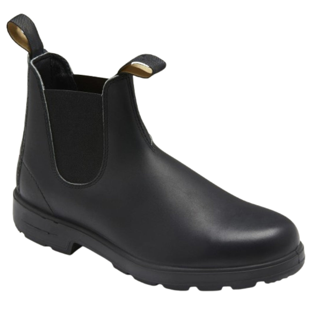 Chelsea ankle boots with elastic side panels, pull tabs and lug soles