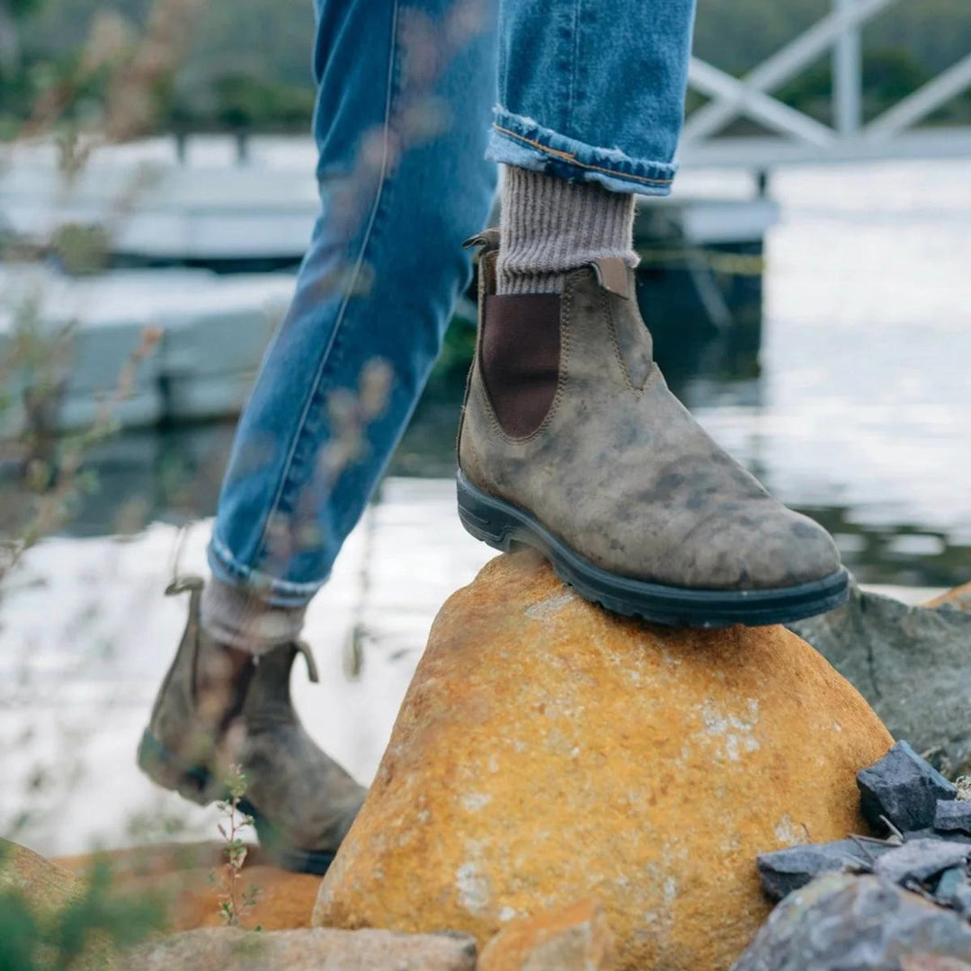 Chelsea ankle boots with elastic side panels, pull tabs and lug soles