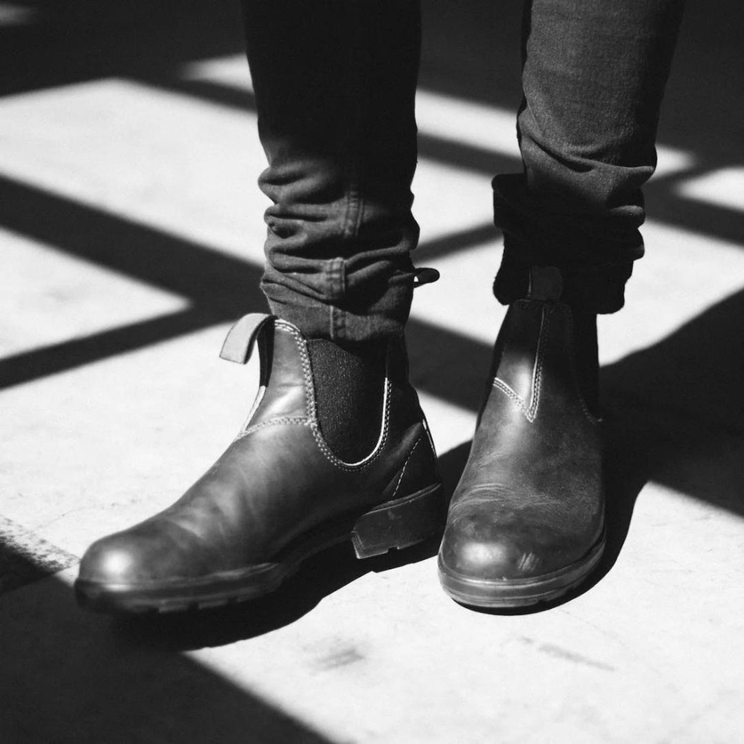 Chelsea ankle boots with elastic side panels, pull tabs and lug soles
