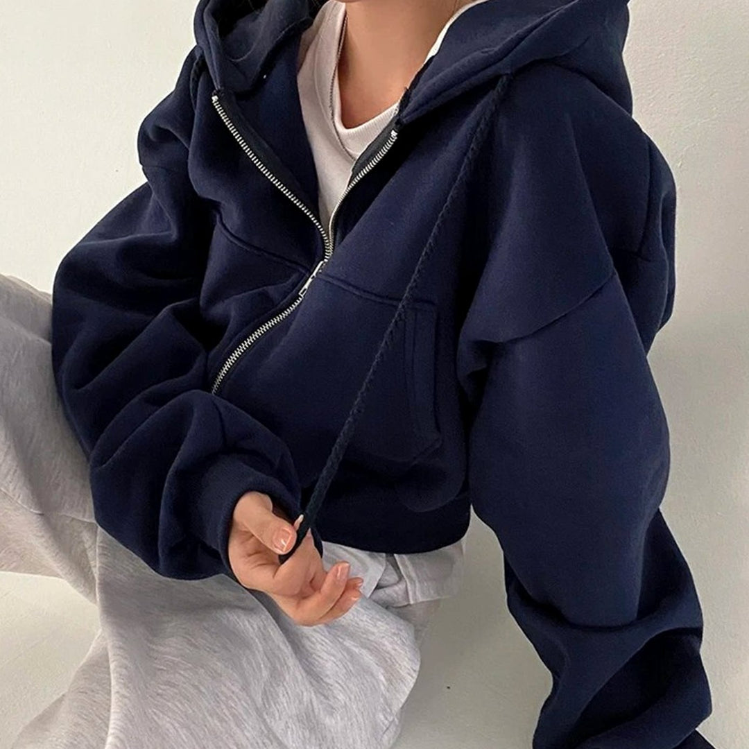 Women's cropped oversized hooded zip-up hoodie with drawstrings and front pockets