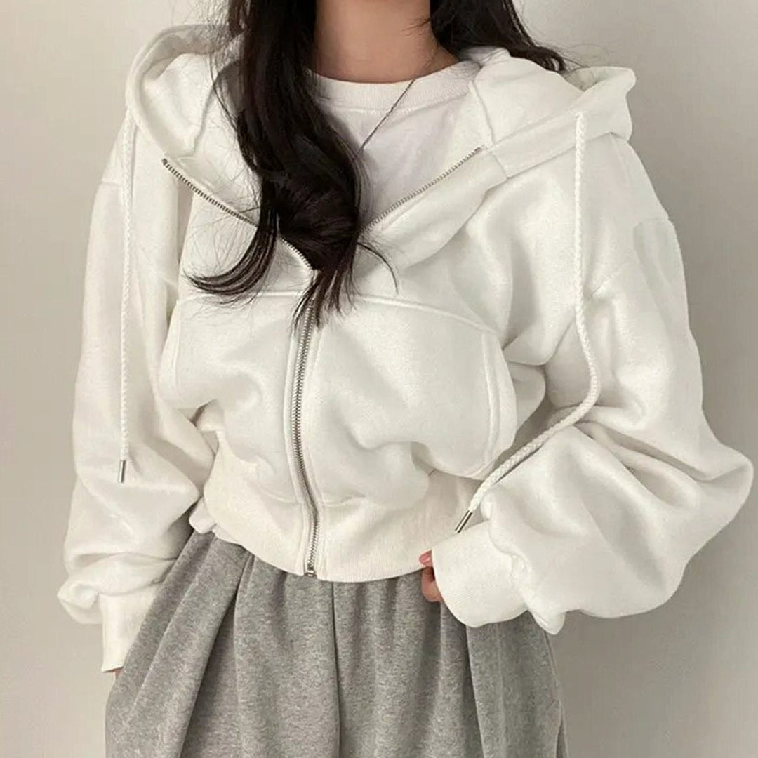 Women's cropped oversized hooded zip-up hoodie with drawstrings and front pockets