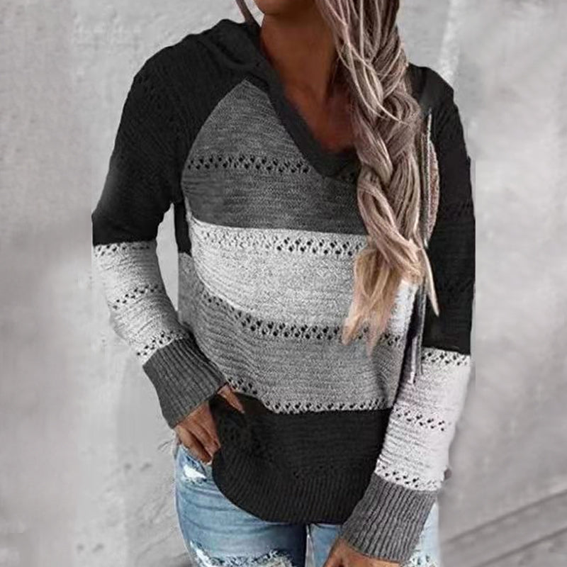Women's striped hooded knit sweater with long sleeves and contrast panels