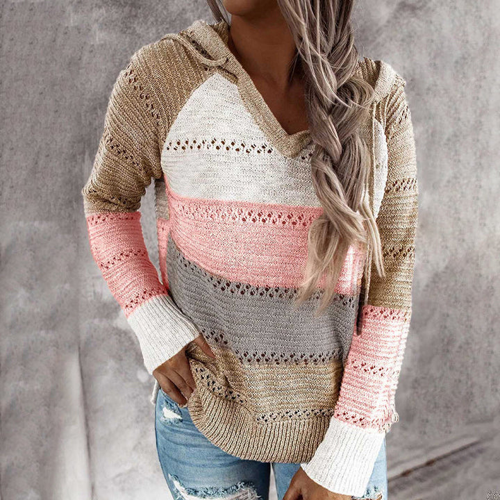Women's striped hooded knit sweater with long sleeves and contrast panels