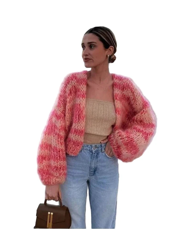 Women's pink and cream striped textured knit cardigan with long sleeves