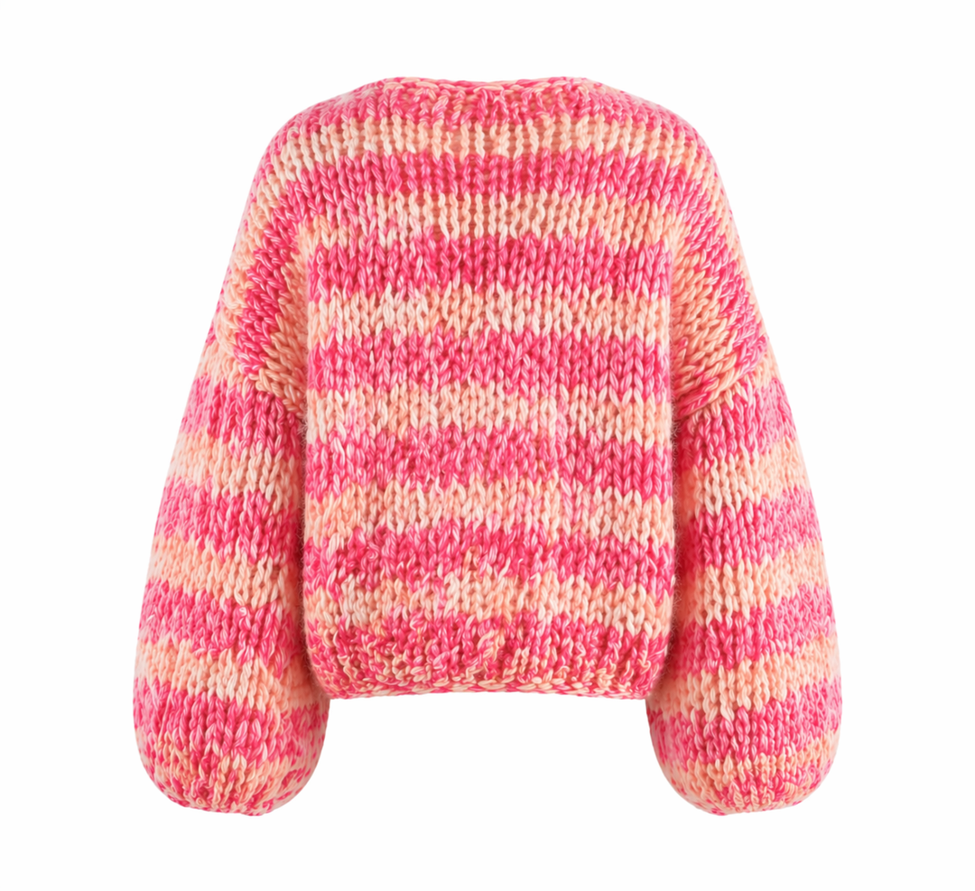 Women's pink and cream striped textured knit cardigan with long sleeves