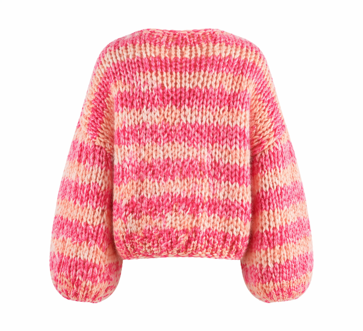 Women's pink and cream striped textured knit cardigan with long sleeves