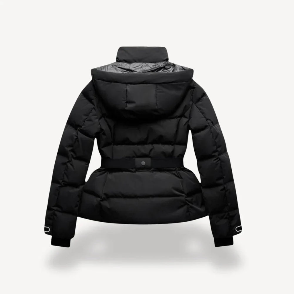 Women's black hooded quilted puffer jacket with belt and zip front