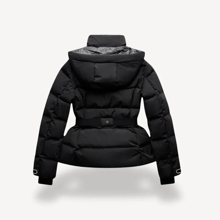 Women's black hooded quilted puffer jacket with belt and zip front