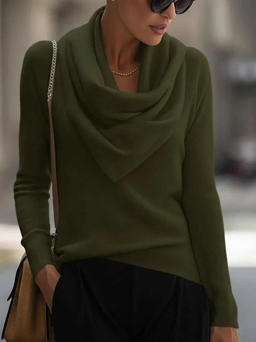 Women's knitted sweater top with a draped cowl neckline and long sleeves