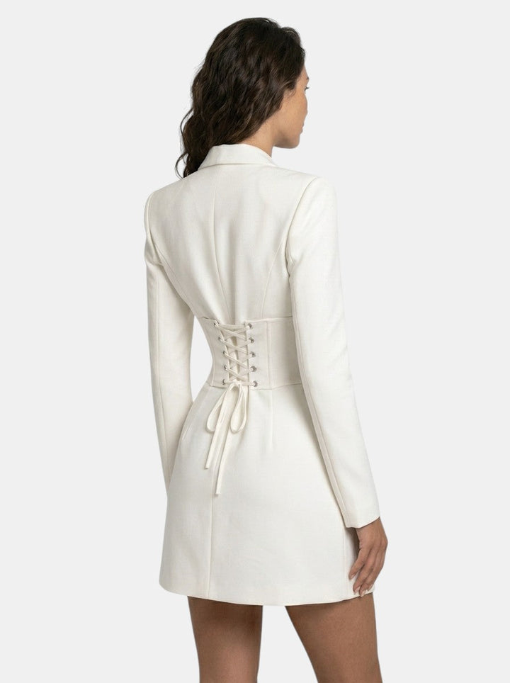 Women's blazer-style mini dress with a lace corset waist and long sleeves