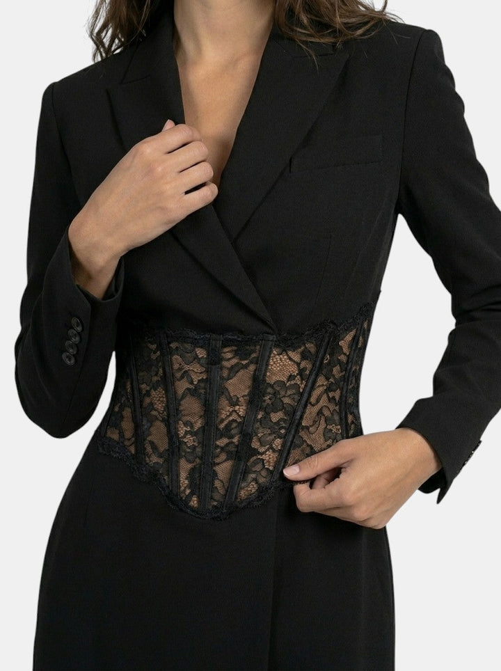 Women's blazer-style mini dress with a lace corset waist and long sleeves