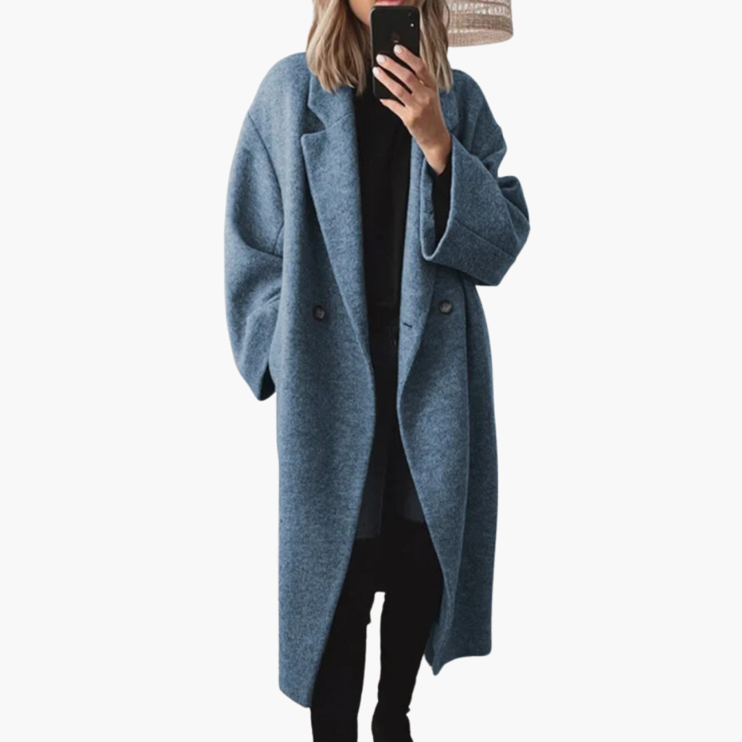 Women's longline notched lapel coat with buttons and side pockets