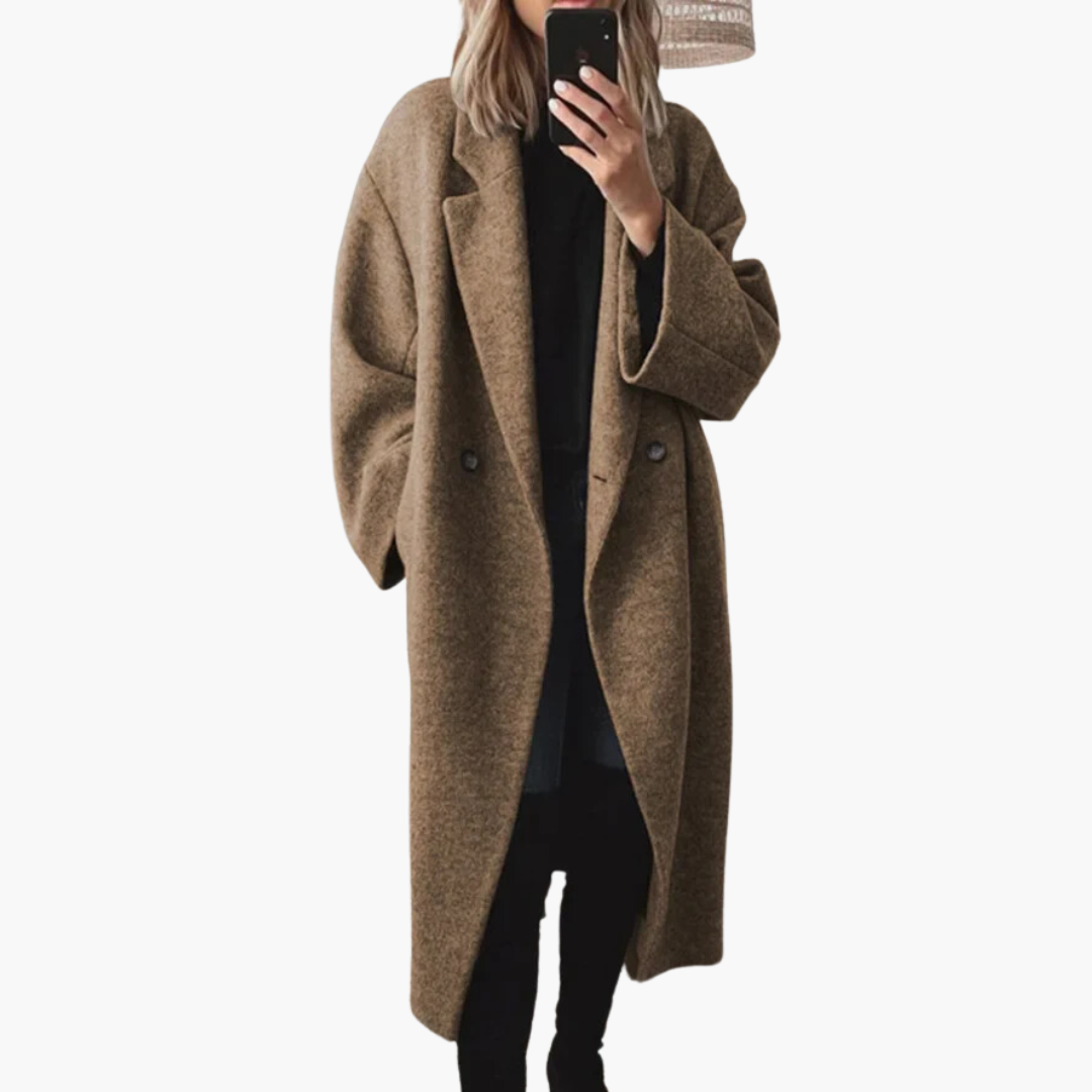Women's longline notched lapel coat with buttons and side pockets
