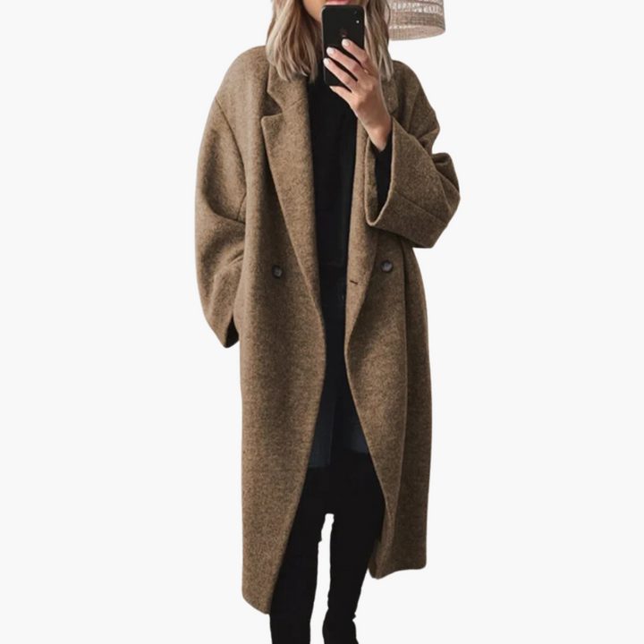Women's longline notched lapel coat with buttons and side pockets