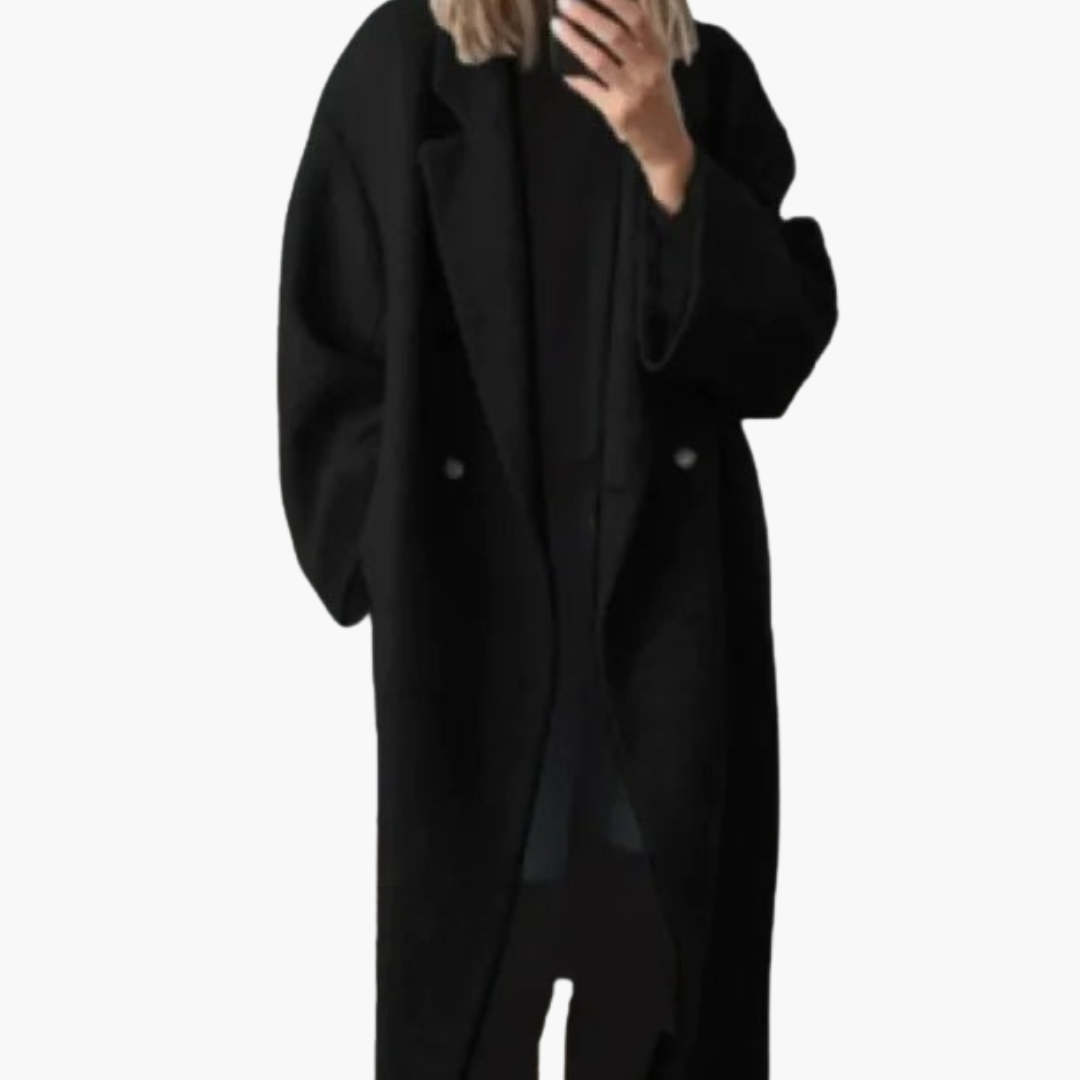 Women's longline notched lapel coat with buttons and side pockets
