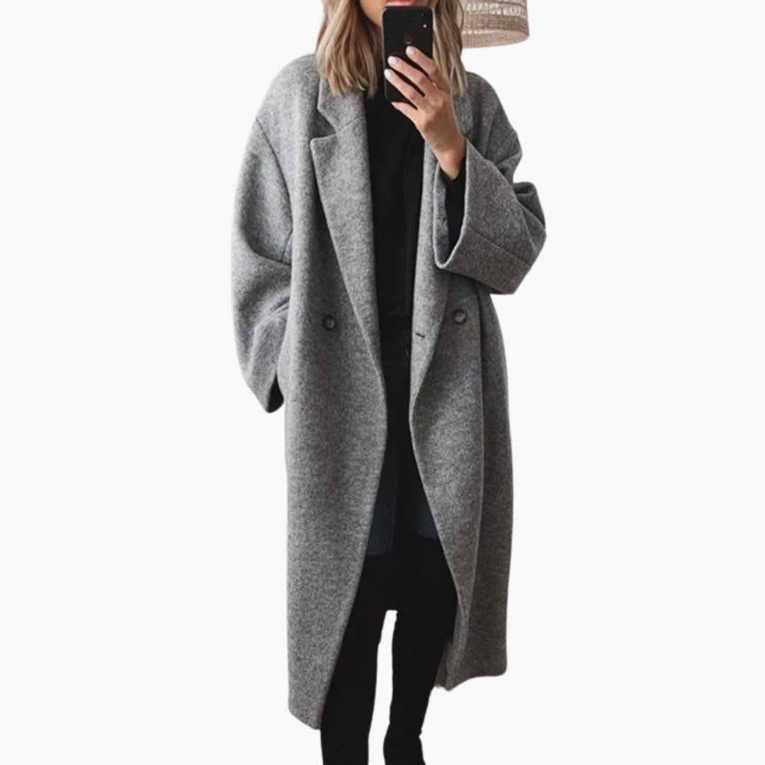 Women's longline notched lapel coat with buttons and side pockets