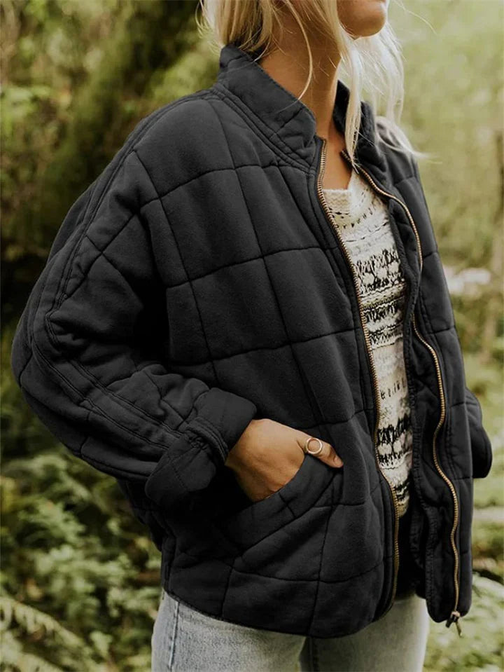 Women's quilted zip-front jacket with stand collar and front pockets