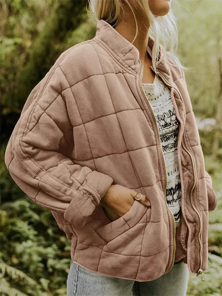 Women's quilted zip-front jacket with stand collar and front pockets