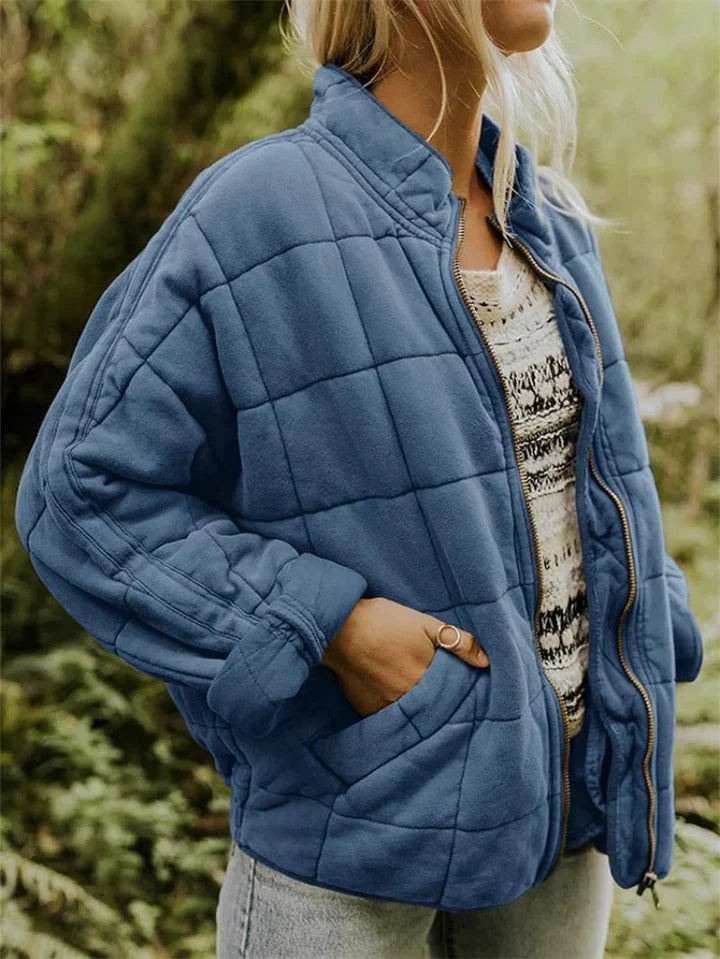 Women's quilted zip-front jacket with stand collar and front pockets