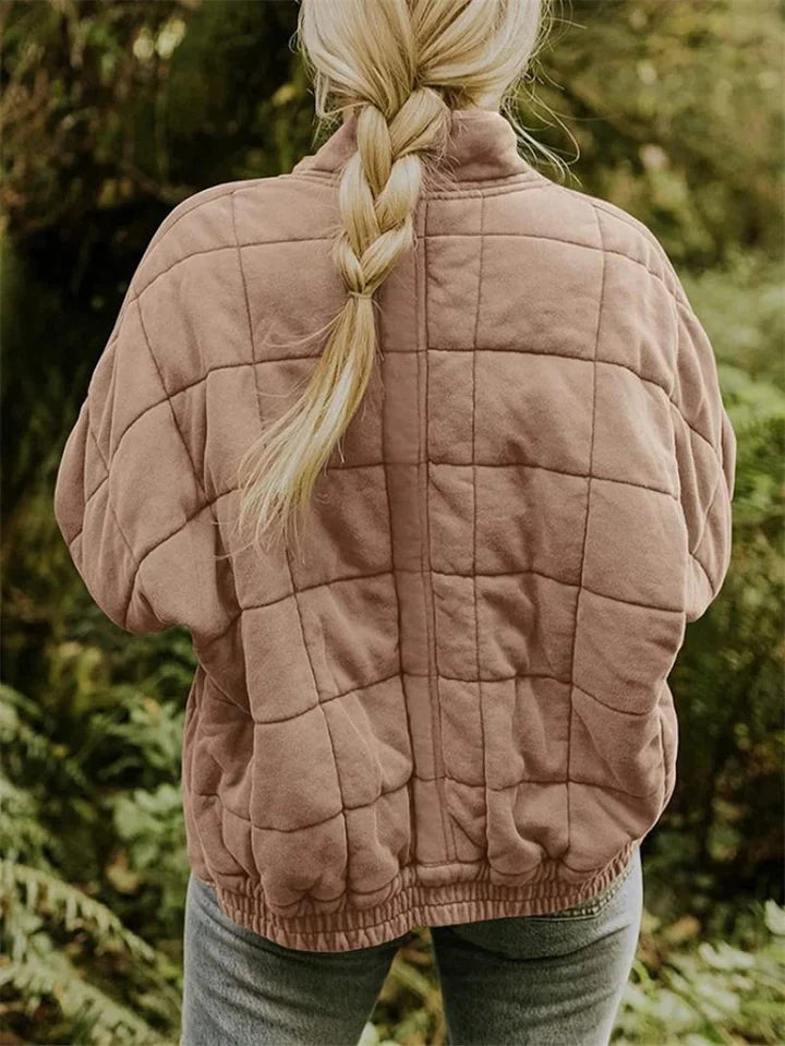 Women's quilted zip-front jacket with stand collar and front pockets