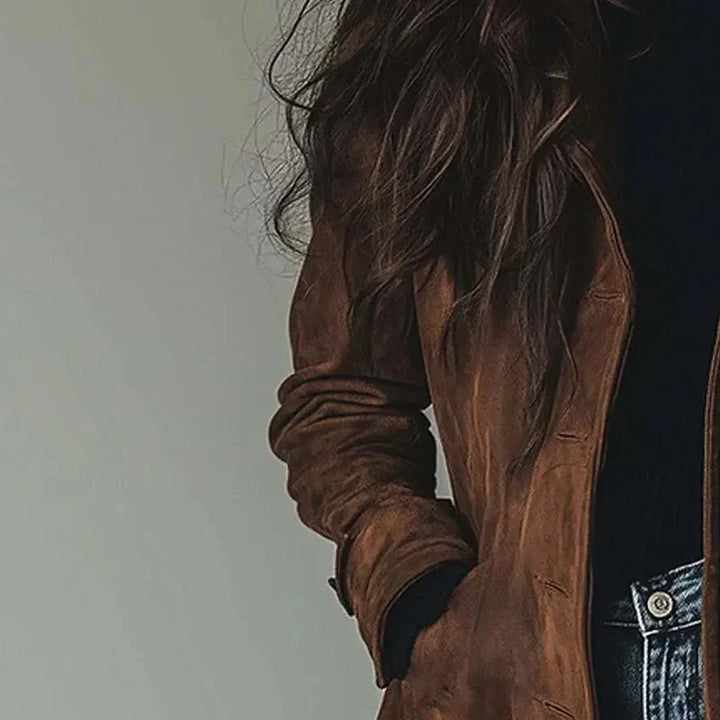 Women's longline button-front coat with notched lapels and side pockets