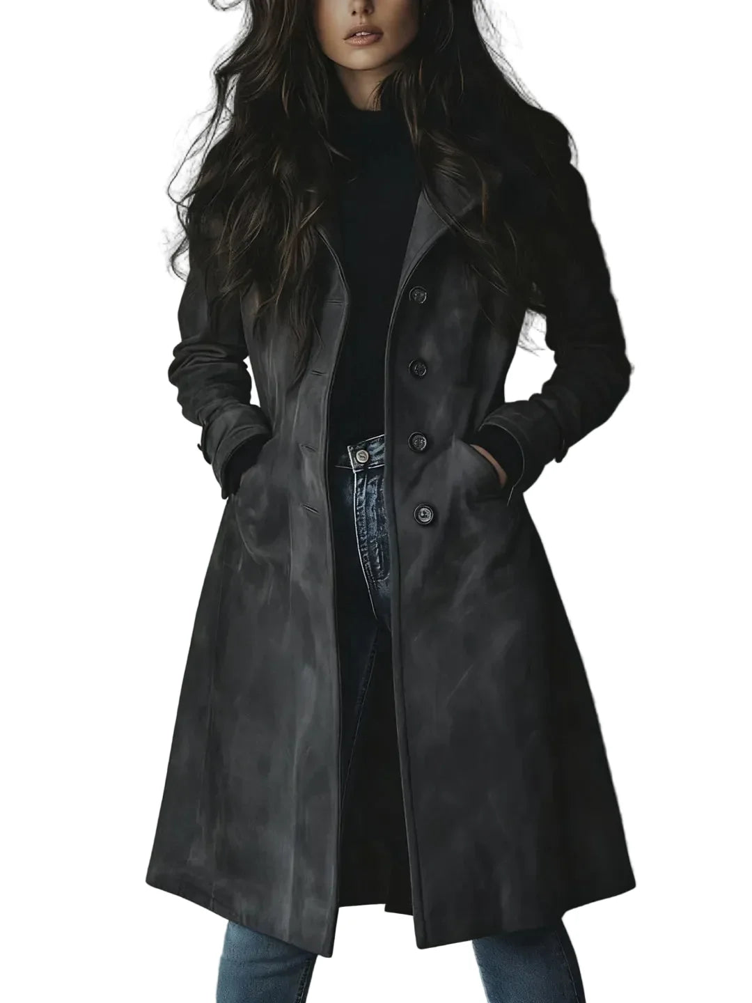 Women's longline button-front coat with notched lapels and side pockets