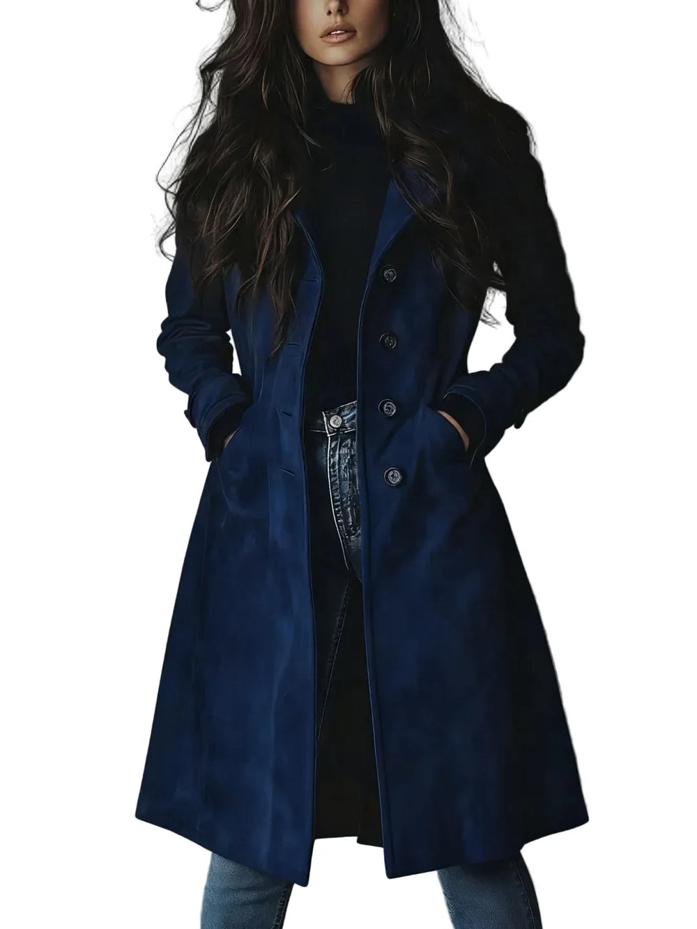 Women's longline button-front coat with notched lapels and side pockets
