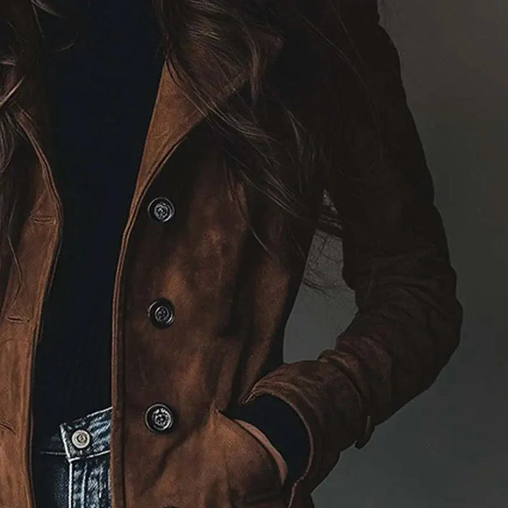 Women's longline button-front coat with notched lapels and side pockets